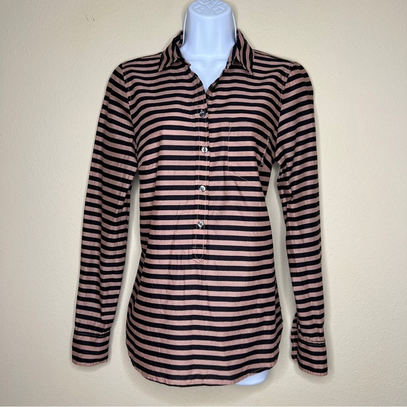 J CREW Black & Tan Striped Popover Henley Top - 41253 - Sz XS - Picture 2 of 7